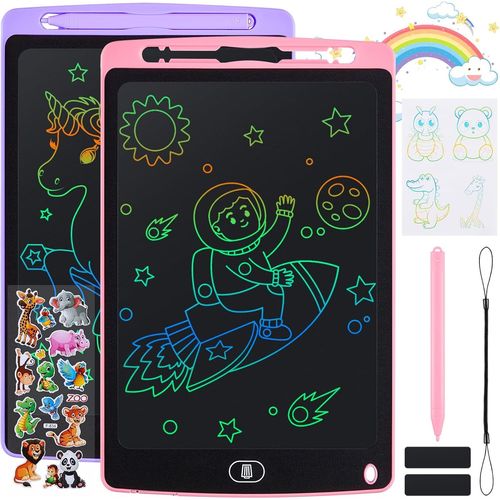 2 Pack Tablette D'criture LCD 10 Pouces,LCD Tablette Dessin avec Ecran Color,Bloc D'criture Effaable avec des Autocollants D'animaux,pour Garons et Filles de 3 4 5 6,Rose + Violet