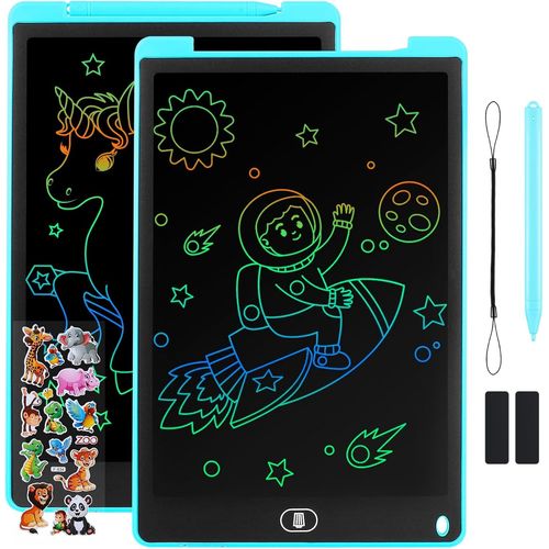 2 Pack Tablette D'criture LCD 12 Pouces,LCD Tablette Dessin avec Ecran Color,Bloc D'criture Effaable avec des Autocollants D'animaux,pour Garons et Filles de 3 4 5 6,Bleu+Bleu