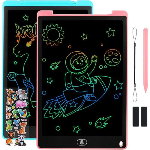 2 Pack Tablette D'criture LCD 12 Pouces,LCD Tablette Dessin avec Ecran Color,Bloc D'criture Effaable avec des Autocollants d'animaux,pour Garons et Filles de 3 4 5 6,Bleu + Rose