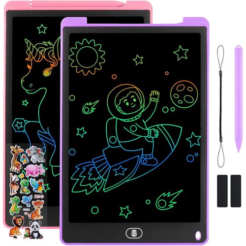 2 Pack Tablette D'criture LCD 12 Pouces,LCD Tablette Dessin avec Ecran Color,Bloc D'criture Effaable avec des Autocollants d'animaux,pour Garons et Filles de 3 4 5 6,Rose + Violet