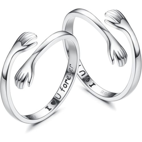 2 Pcs 925 Argent Sterling Bague Calin Femme Homme Grave I Love You Forever Bague En Argent Avec Mains Ouvertes Rglable Ouvert.[Y965]