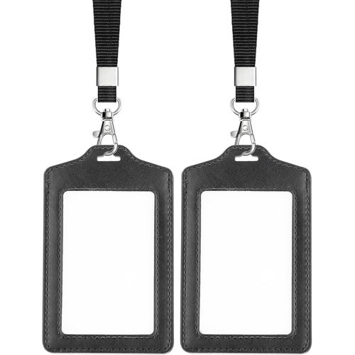 2 Pices Double Face Transparent Porte Badge, Porte Badge Tour De Cou, Avec Lanire En Nylon, Pour Le Travail, Affaires, Bus, Pass, Noir