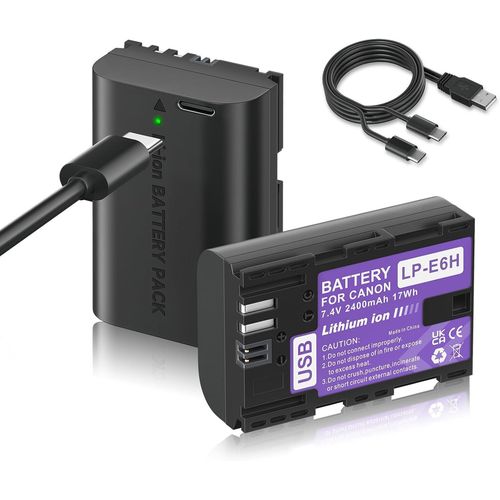 2 pices LP-E6 Batterie de Remplacement 2400mAh avec USB Type-C-Charge, Compatible avec Canon EOS 5D Mark II, EOS 5D Mark III, 6D, 5DS, 7D, 60D, 60Da, 70D, LP-E6N