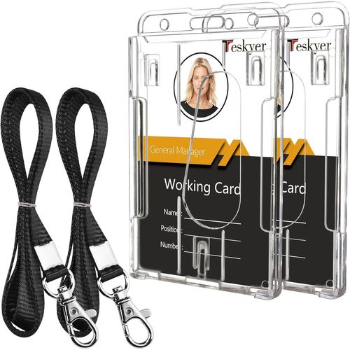 2 Pices Porte Badge En Plastique Dur Avec Lanire, Porte Badge Tour De Cou, Porte-Nom Vertical Transparent Pour Carte D'identit, Noir