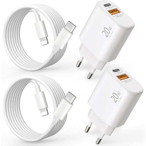 2-Port Rapide Chargeur pour iPhone 14/13/12/11 Pro Max Plus Mini SE,iPhone XS XR X 8 7,iPad,AirPods,Chargeur 20W Prise USB C et USB A PD Adaptateur Alimentation avec 2M Type C to L Cble 4-Pack