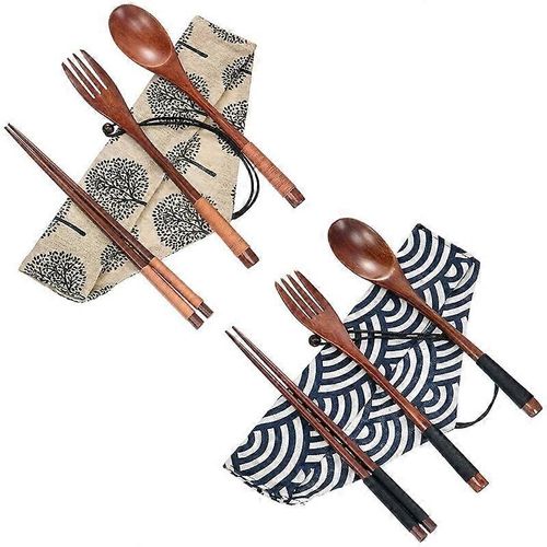 2 Set Couverts En Bois Vaisselle Couverts Ensemble Ustensiles De Voyage Ligne Attache Couverts Rutilisables, En Bois Pour