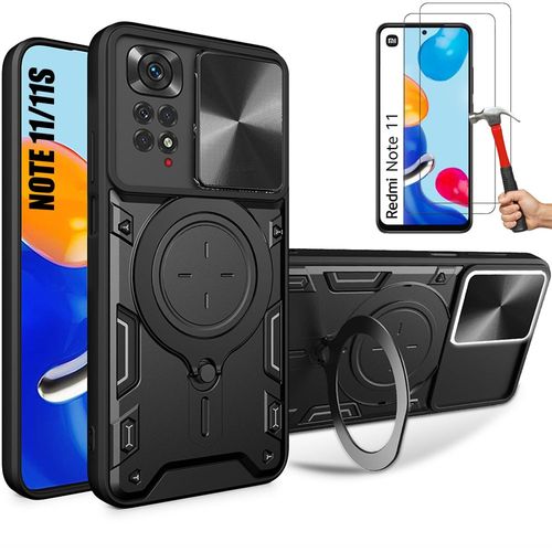 2 Verres Tremps + Coque Pour Xiaomi Redmi Note 11/11s Noir Anti-Rayure Renforce Cache Camra Support Anneau - Booling