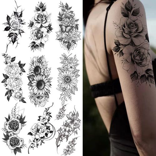 20 Feuilles Grand Réaliste Rose Pivoine Fleur Tatouage éphémère Adultes