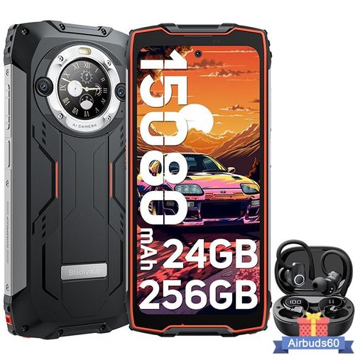 Blackview BV9300 Pro Smartphone Incassable Double Écran 6.7" 24Go+256Go 15080mAh Orange avec Airbuds 60(Noir)