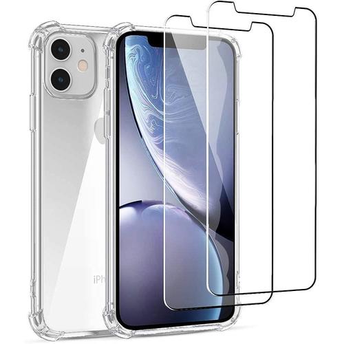 Coque Pour Iphone 11 Antichoc 2 Verres Trempés Coque Compatible Iphone 11 Anti-Choc Bumper Ultra Slim Léger Coins Renforcés Transparent