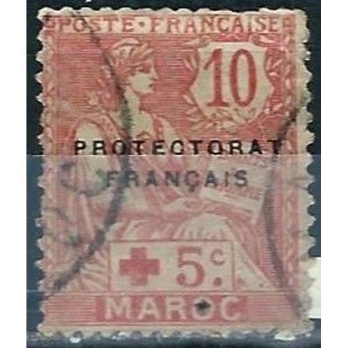 Maroc, Protectorat Français 1915, Beau Timbre Yvert 20, Type Mouchon 10c. Rose Avec Surtaxe Au Profit De La Croix Rouge, Et Surcharge, Oblitéré, Dentelure Passable, Petit Prix.