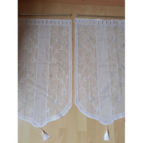 Paire De Rideaux Avec Motifs Marguerites Et Tringles Dorées