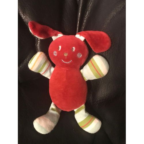 Peluche Doudou Lapin Chien Sucre D'orge Rouge Rayé Bleu Blanc Hochet 16 Cm