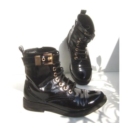 Bottes New Look 37 Noir Rangers Newlook Bottines Vernies Noire Boots Santiag Noires Chaussure Haute Combat Noirs Vernis New Look Lacets Boucles Or Rivets Dores Botines  37 Shiny Black