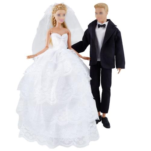 2 Sets Vêtements Poupée Princesse Mariage Robe Soirée Dentelle Broderie + Noir Costume Tenue Pour Barbie Ken Jouet Fille