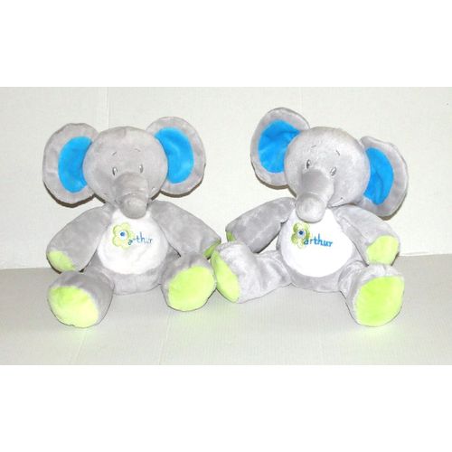 Elephant Arthur Et Lola Lot 2 Doudou Bebisol - Peluche Elephant Gris Blanc Bleu Vert