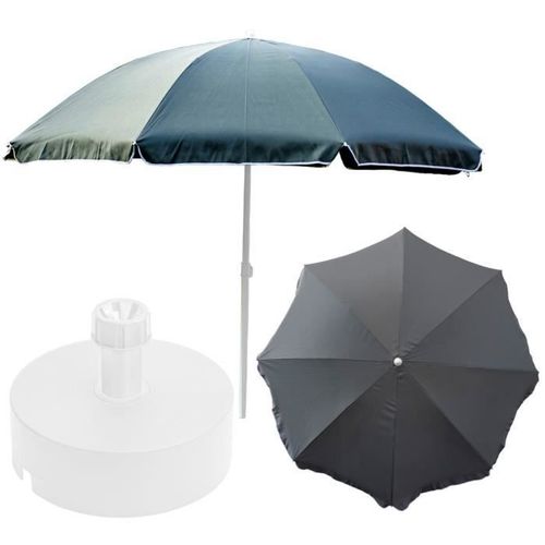 Kit De Parasol + Socle De Parasol, Polyester Couleur Gris Large D 240cm H 230cm Pied Blanc D 40cm Touristique Fonctionnel