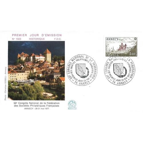 France 1977, Belle Enveloppe 1er Jour Fdc1023, Timbre Yvert 1935, Congrès Des Sociétés Philatéliques À Annecy.