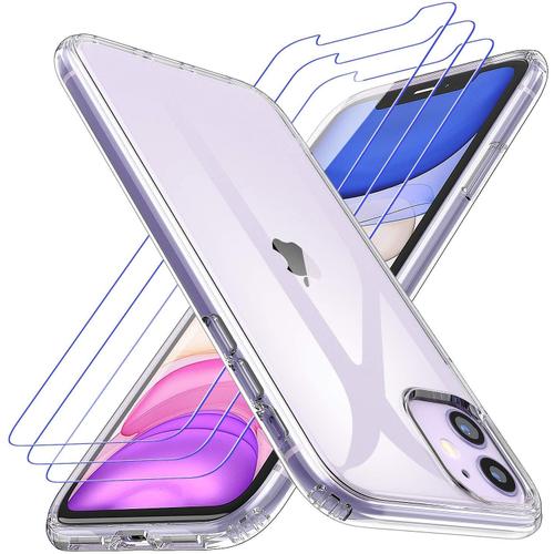 Coque Iphone 11, 2 Pack Verre Trempé Protection Écran, Transparent Silicone Tpu Etui Protection Housse Bouton Détachable Cover Anti-Choc Anti-Scratch Case Iphone 11-6.1 Pouces