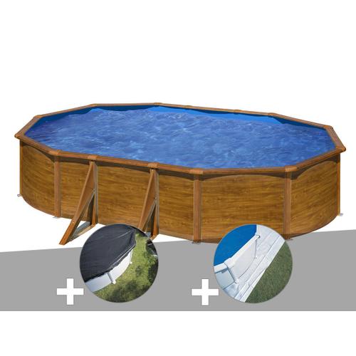 Kit piscine acier aspect bois Gré Pacific ovale 6,34 x 3,99 x 1,22 m + Bâche d'hivernage + Tapis de sol