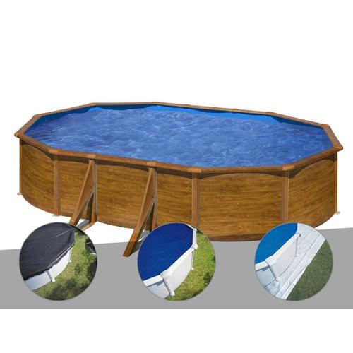 Kit piscine acier aspect bois Gré Pacific ovale 6,34 x 3,99 x 1,22 m + Bâche d'hivernage + Bâche à bulles + Tapis de sol