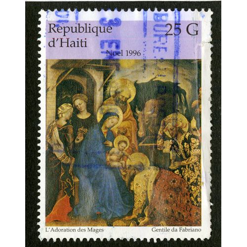 Timbre Oblitéré Noel 1996,,L'adoration Des Mages,Gentile Da Fabriano,République D'haiti,25g