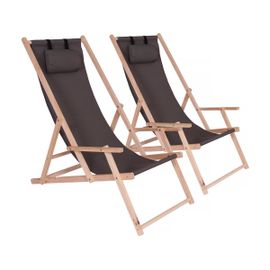 Lot De 2 Transat En Bois "Chilienne" Avec Accoudoir - 107 X 56.5 X 81 Cm - Gris Foncé