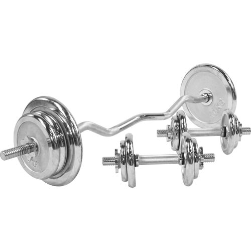 Gorilla Sports - Trio D'haltères Chromés Version Curl (Avec Disques Et Barre Curl) - Kit 68 Kg
