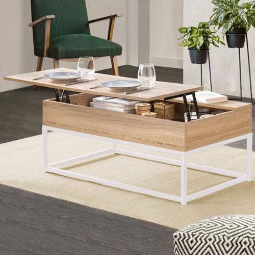 Table Basse Plateau Relevable Detroit Design Industriel Bois Et Métal Blanc