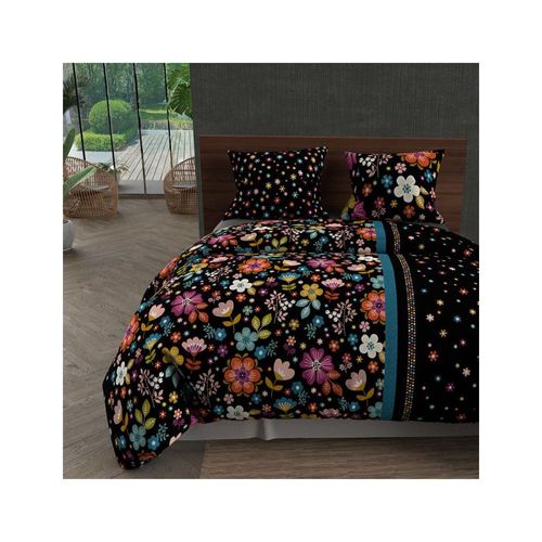 Parure Housse De Couette Microfibre 240x220 Cm Flora Noir, Par Intemporel