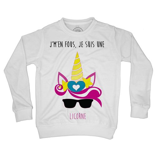 Sweat Shirt Enfant J'm'en Fous Je Suis Une Licorne Dessin Corne Oreilles Et Lunettes De Soleil Animaux Fantastiques