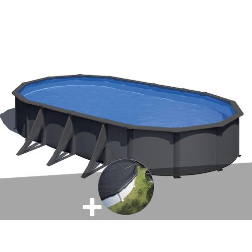Kit piscine acier gris anthracite Gré Louko ovale 7,44 x 3,99 x 1,22 m + Bâche d'hivernage