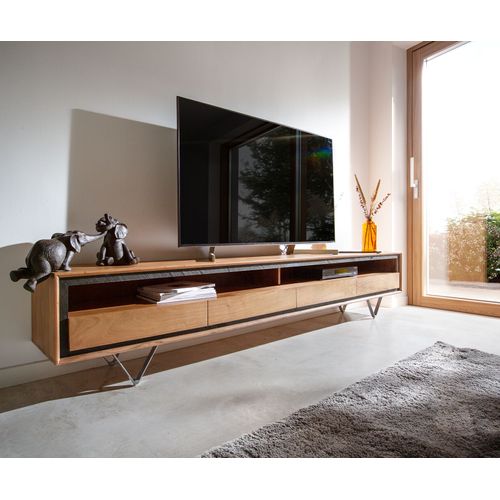 Plateau-Tv Stonegrace Acacia Nature 240 Cm 2 Compartiments 4 Tiroirs Placage En Pierre Buffet Bas ? Pieds En V
