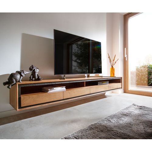 Plateau-Tv Stonegrace Acacia Nature 240 Cm 2 Compartiments 4 Tiroirs Placage En Pierre Buffet Bas Flottant