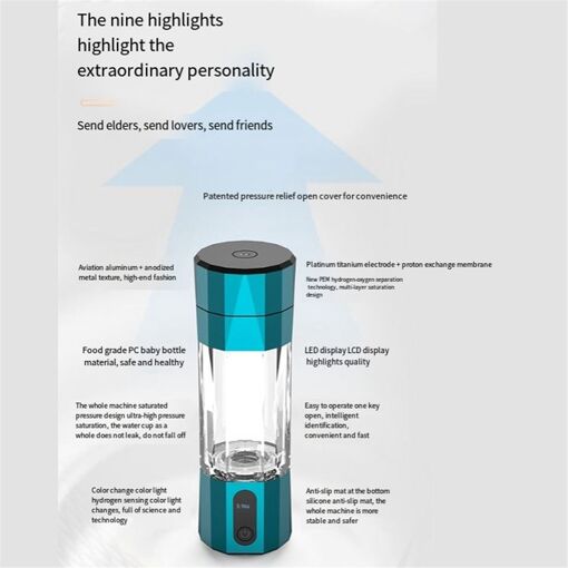Bouteille/générateur D'eau Hydrogène Portable 450 Ml - Électrolyse SPE/PEM En 3 Min - Rechargeable USB - Verre Borosilicate - Pour Bureau Et Déplacement