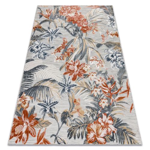 157x220 Cm Tapis Structurel Botanic 65262 Fleurs, Tissé À Plat Sur Balcon, Terrasse - Gris