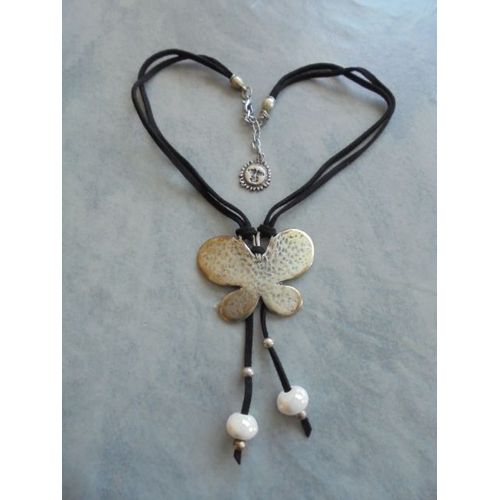 Collier Ensoleiade Papillon Boule Nacré Blanc, Réglable