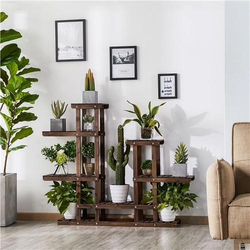 Yaheetech Etagère À Fleurs Support Porte Pot De Plantes En Bois 8 Tablettes 6 Niveaux Présentoire Polyvalent Balcon/Maison/Bureau/Terrasse Marron Rustique 120,5 X 25 X 96,5cm