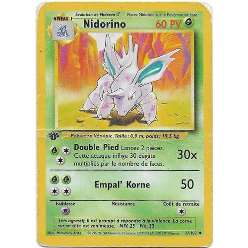 Nidorino 60 Pv 37/102 - Edition 1 - Set De Base - Carte Française