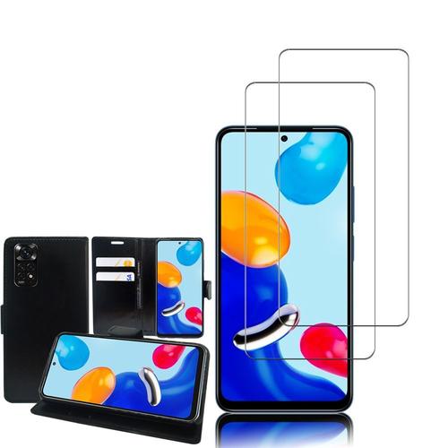 Etui Portefeuille Pour Xiaomi Redmi Note 11/ Note 11s 6.43" Support Video Cuir Pu - Noir + 2 Films Verre Trempé - Transparent