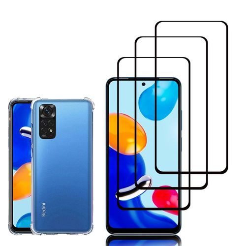 Coque Silicone Tpu Souple Pour Xiaomi Redmi Note 11/ Note 11s 6.43" Anti-Choc Ultra Résistant Avec Coins Renforcés - Transparent + 3 Films Verre Trempé - Noir
