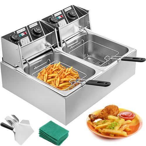 Double Friteuse Electrique Professionnelle 2 Cuve Inox Frites 2 x 10L 5000W Acier - Pour des usages Commerciaux Restaurants Supermarchés Fast-foods Snack-bars