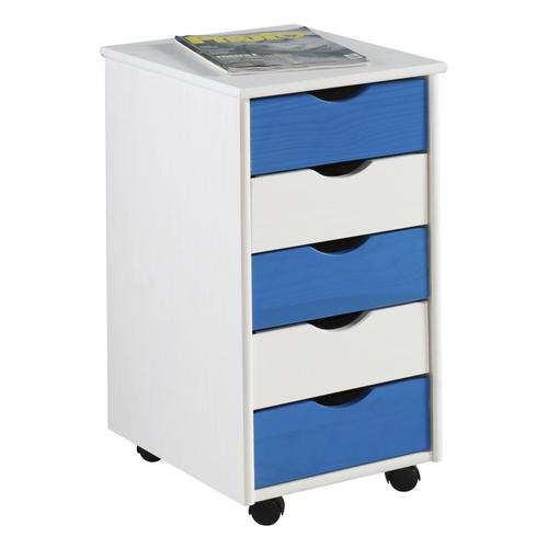 Caisson De Bureau Lagos Meuble De Rangement Sur Roulettes Avec 5 Tiroirs, En Pin Massif Lasur? Blanc Et Bleu