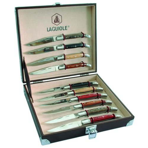 Ensemble de 10 couteaux pliants, manches en bois exotiques