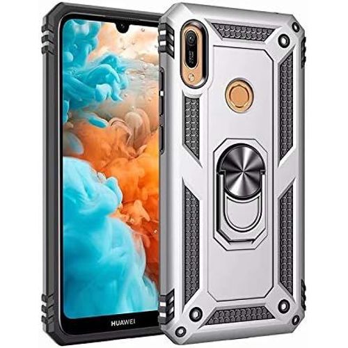 Coque Huawei Y6 Pro 2019 Avec Aimant Anneau Support, 360° Double Couche Renforcée Défense Bumper Antichoc Armure Housse Etui Avec Protection Écran Pour Huawei Y6 Pro 2019, Argent