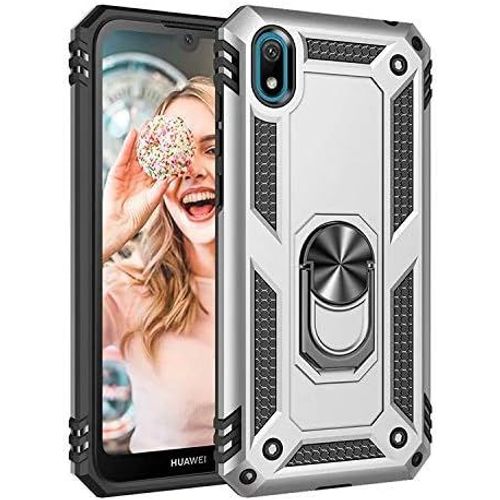 Coque Huawei Honor 8s Avec Aimant Anneau Support, 360° Double Couche Renforcée Défense Bumper Antichoc Armure Housse Etui Avec Protection Écran Pour Huawei Honor 8s, Argent