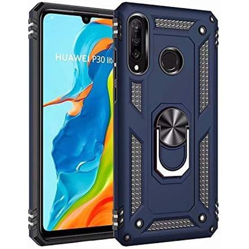 Coque Huawei P30 Lite Avec Aimant Anneau Support, 360° Double Couche Renforcée Défense Bumper Antichoc Armure Housse Etui Avec Protection Écran Pour Huawei P30 Lite, Bleu
