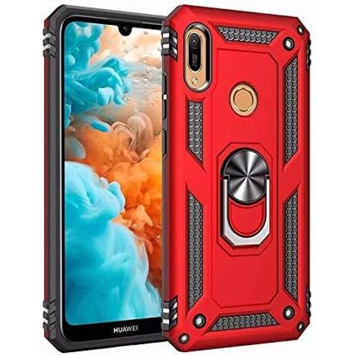Coque Huawei Y6 Pro 2019 Avec Aimant Anneau Support, 360° Double Couche Renforcée Défense Bumper Antichoc Armure Housse Etui Avec Protection Écran Pour Huawei Y6 Pro 2019, Rouge