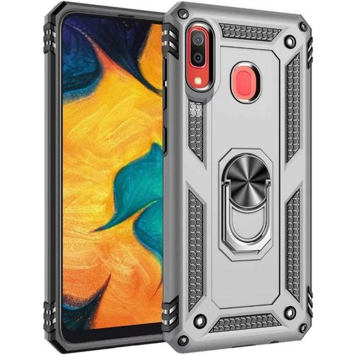 Coque Samsung Galaxy A20 Avec Aimant Anneau Support, 360° Double Couche Renforcée Défense Bumper Antichoc Armure Housse Etui Avec Protection Écran Pour Samsung Galaxy A20, Argent