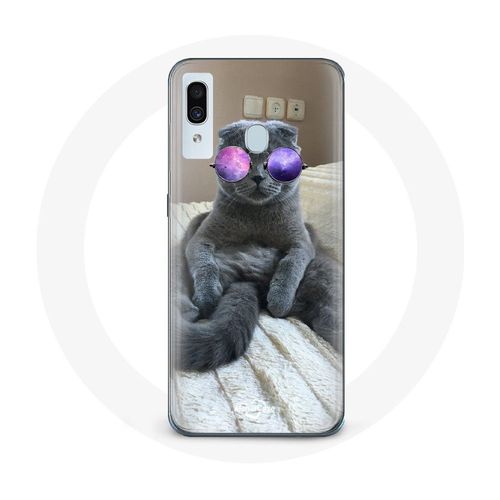 Coque Pour Samsung Galaxy A20 Chat Avec Lunettes De Vue Violettes